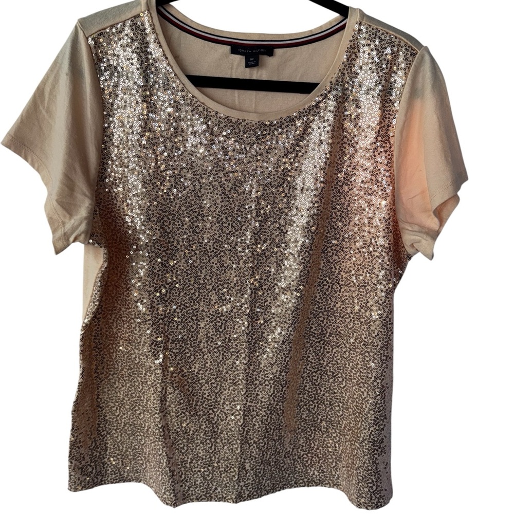 Tommy Hilfiger Sequin Front Short Sleeve Top - Champagne/peach
